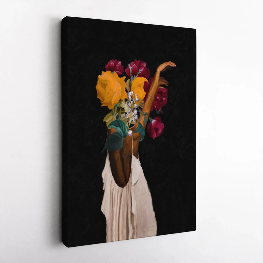 Black Woman Floral Canvas Print | Surreal Botanical Portrait Art | Premium Gallery Wrapped Canvas | Modern Afrocentric Wall Decor Gift