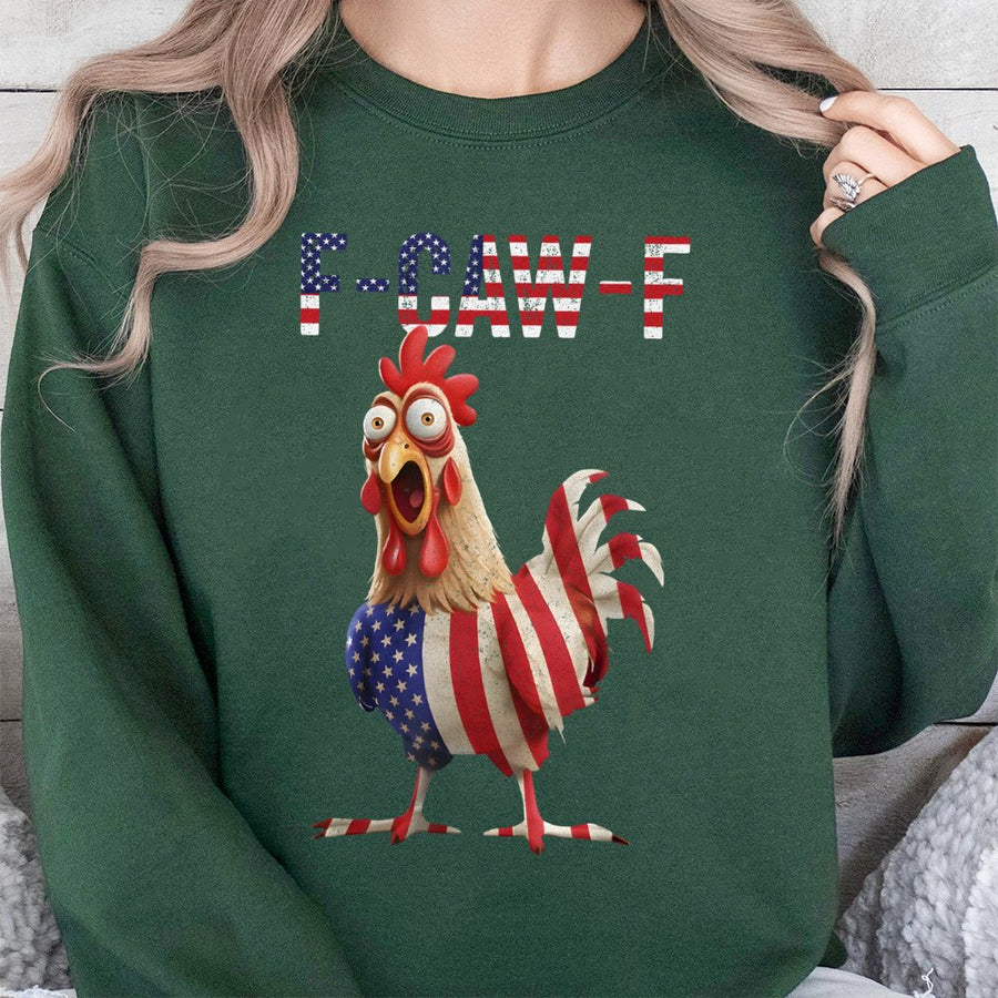 Funny Chicken Sweatshirt | F-Caw-F Patriotic USA Flag Design | Premium Cotton Blend | Gift For Poultry Farmers And Farmers Market Fans
