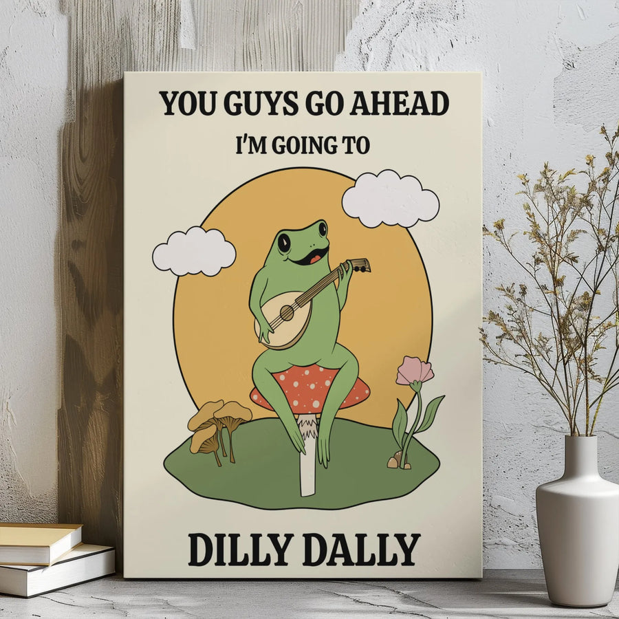 Dilly Dally Frog Canvas Wall Art | Whimsical Mushroom Lute Player | Premium Gallery Wrap Decor | Cottagecore Gift for Nature Lovers