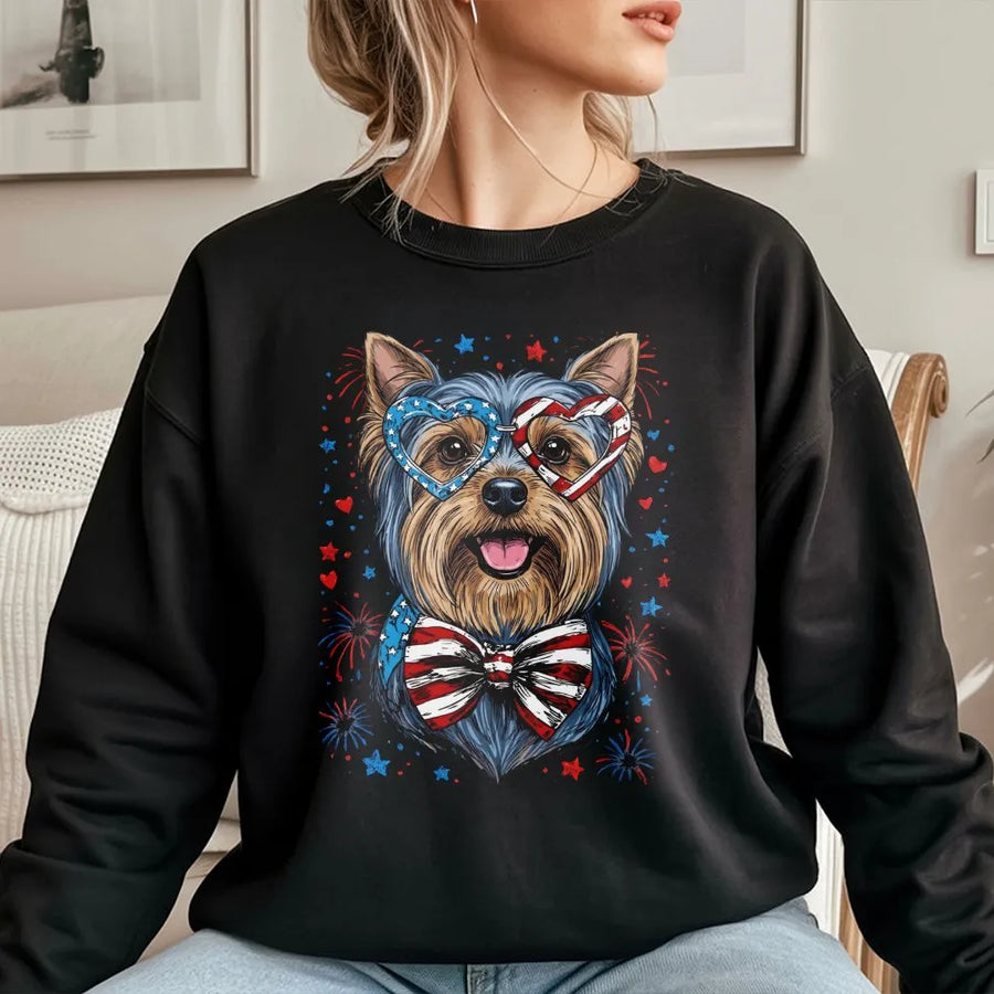 Patriotic Yorkie Sweatshirt | USA Flag Sunglasses & Fireworks | Premium Cotton Blend | 4th of July Dog Lover Gift