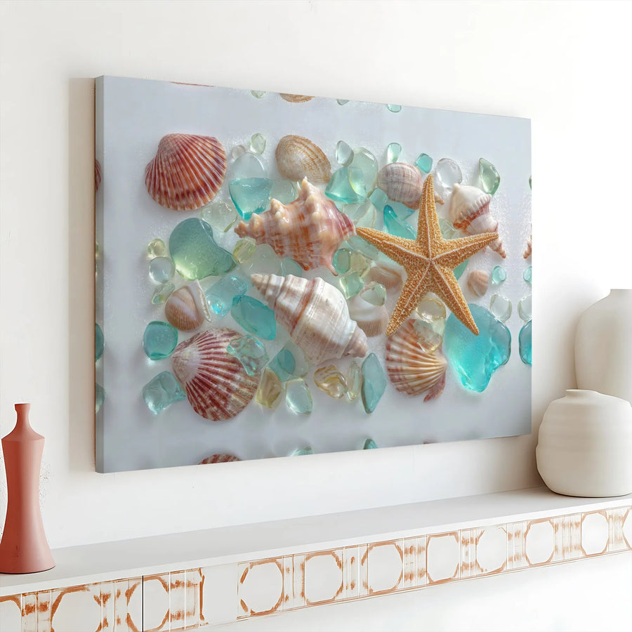 Seashell and Sea Glass Canvas Print | Realistic Coastal Still Life Art | Premium Gallery Wrapped Canvas | Beach House & Bathroom Decor