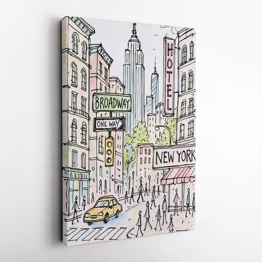 New York City Street Sketch Canvas | Broadway Yellow Taxi Wall Art | Premium Gallery Wrap Print | NYC Travel Decor Gift for Travelers
