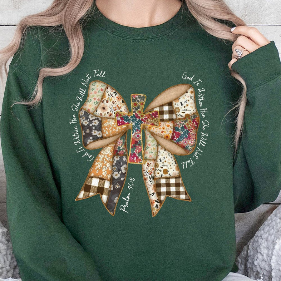 God Is Within Her She Will Not Fall Sweatshirt | Psalm 46:5 Cross Coquette Bow Design | Premium Cotton Blend | Christian Gift for Her