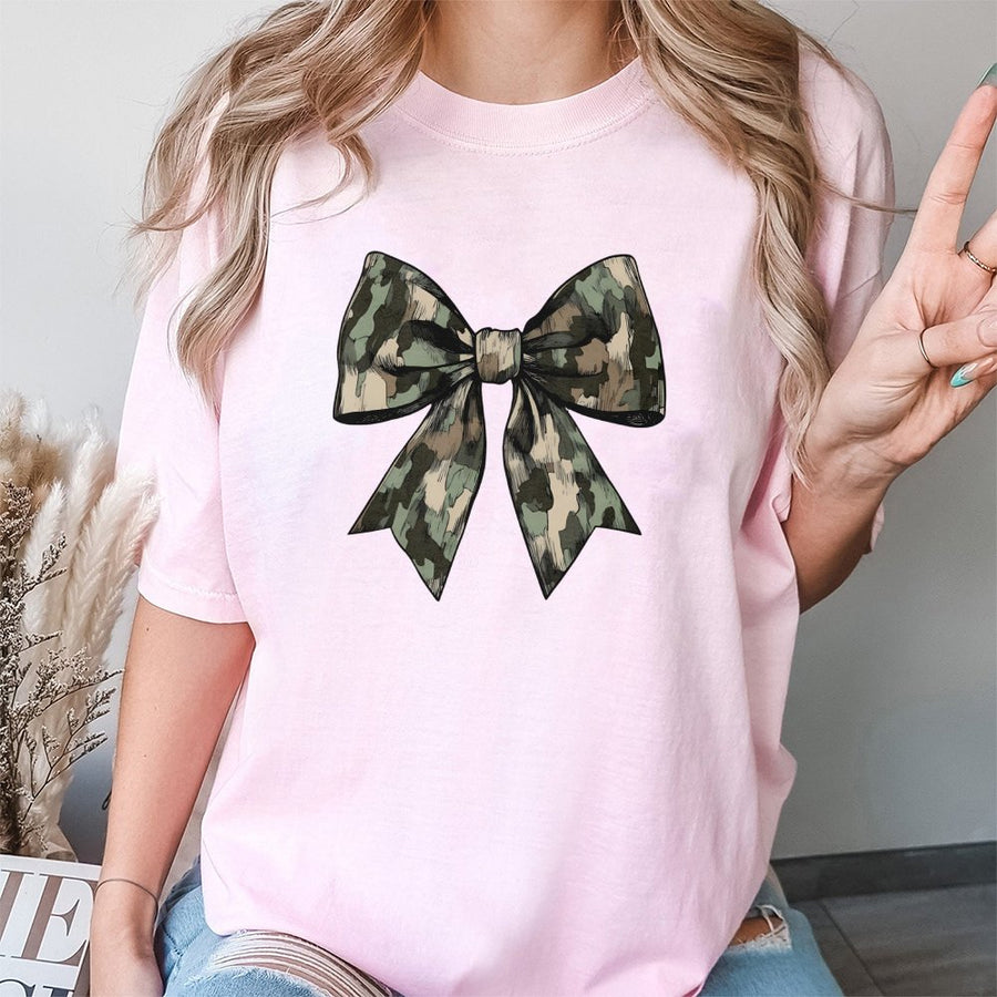Camo Bow T-Shirt | Camouflage Ribbon Graphic Print | Premium Soft Cotton Tee | Trendy Fall Aesthetic Gift For Her