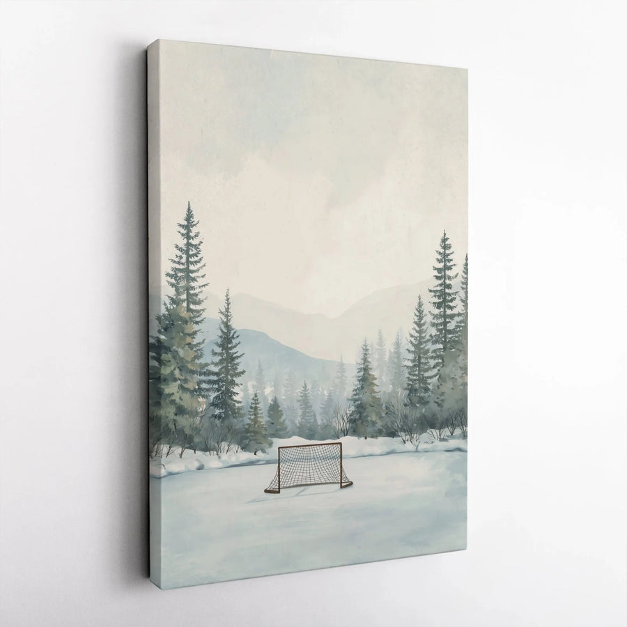 Winter Hockey Scene Canvas | Watercolor Pine Forest Landscape | Premium Gallery Wrapped Canvas | Gift for Hockey Player, Man Cave Wall Art