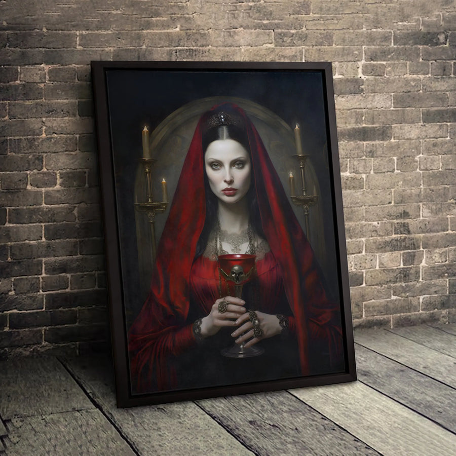 Gothic Vampire Queen Canvas Art | Dark Fantasy Red Veil Portrait | Premium Fade-Resistant Print | Moody Home Decor Gift for Horror Lovers