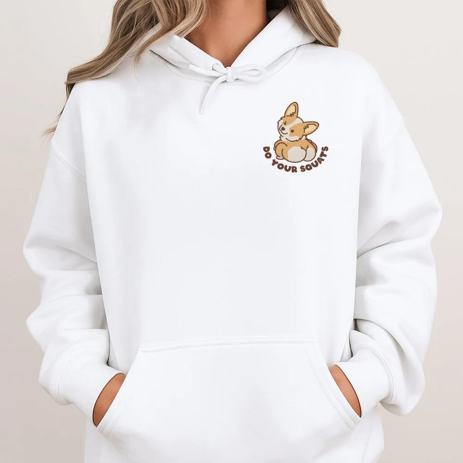 Corgi Gym Hoodie | Funny Do Your Squats Dog Graphic | Soft Cotton Blend | Gift for Weightlifter and Corgi Lover