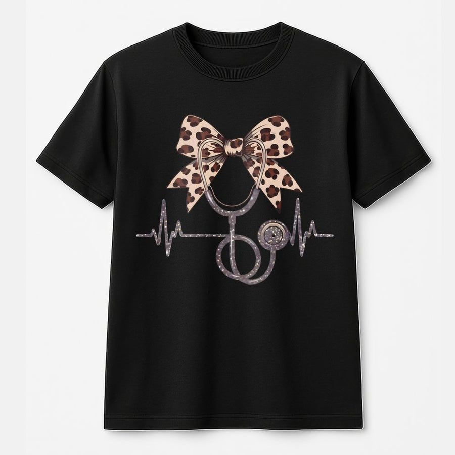 Nurse T-Shirt With Leopard Coquette Bow | Cute Stethoscope Heartbeat Graphic | 100% Cotton Premium Tee | Graduation Gift For Registered Nurse