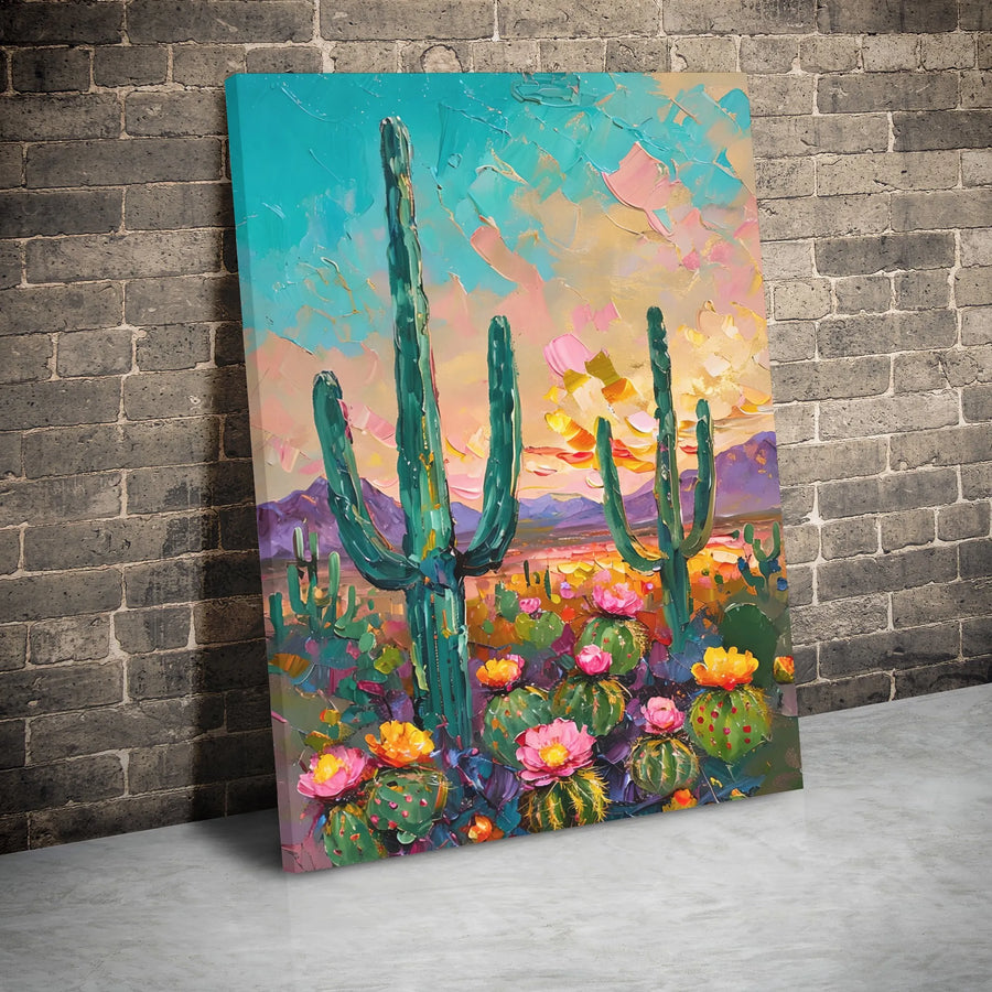 Desert Cactus Canvas Print | Vibrant Impasto Landscape Artwork | Premium Gallery Wrapped Wall Decor | Southwestern Home Interior Gift