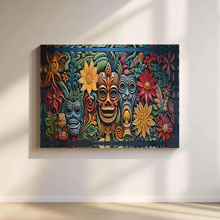 Tiki Mask Canvas Wall Art | Vibrant Polynesian Tropical Floral Print | 1.25 Inch Gallery Wrap | Island Style Home Decor Gift