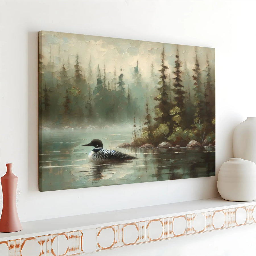 Loon on Misty Lake Canvas Print | Impressionist Forest Landscape Wall Art | Premium 1.25” Gallery Wrap | Nature Lover Home Decor Gift