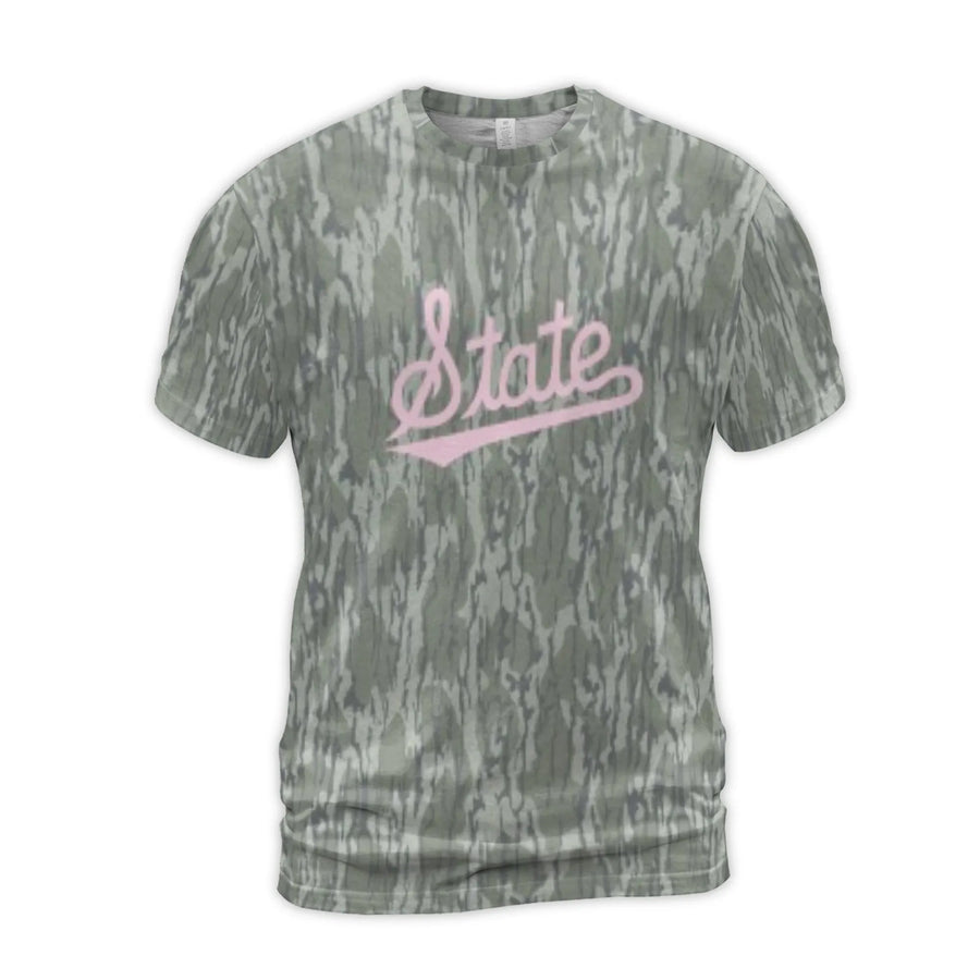 State Pink Script T-Shirt | All-Over Tree Bark Camo Pattern | Premium Stretchy Jersey Blend | Trendy Unisex Streetwear Gift for Outdoor Enthusiasts
