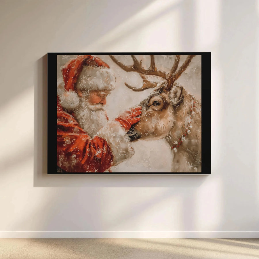Santa Claus and Reindeer Canvas Wall Art | Whimsical Snowy Holiday Portrait | Premium Gallery Wrap Print | Festive Christmas Home Decor Gift