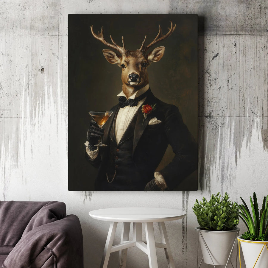 Dapper Deer in Tuxedo Wall Art | Sophisticated Martini Drinking Animal Portrait | Premium Gallery-Wrapped Canvas | Unique Home Office Decor Gift