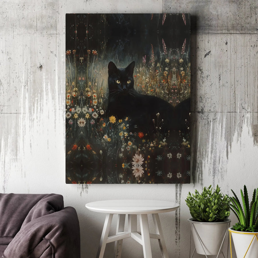 Black Cat Canvas Wall Art | Moody Wildflower Garden Print | Premium Gallery-Wrapped 1.25" Frame | Botanical Home Decor for Cat Lovers