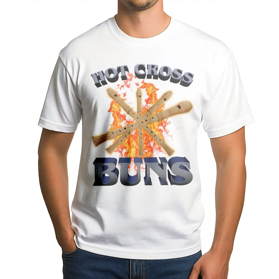 Hot Cross Buns Graphic T-Shirt | Flamed Recorder Musician Design | 100% Cotton Premium Tee | Funny Music Teacher Gift for Band Students