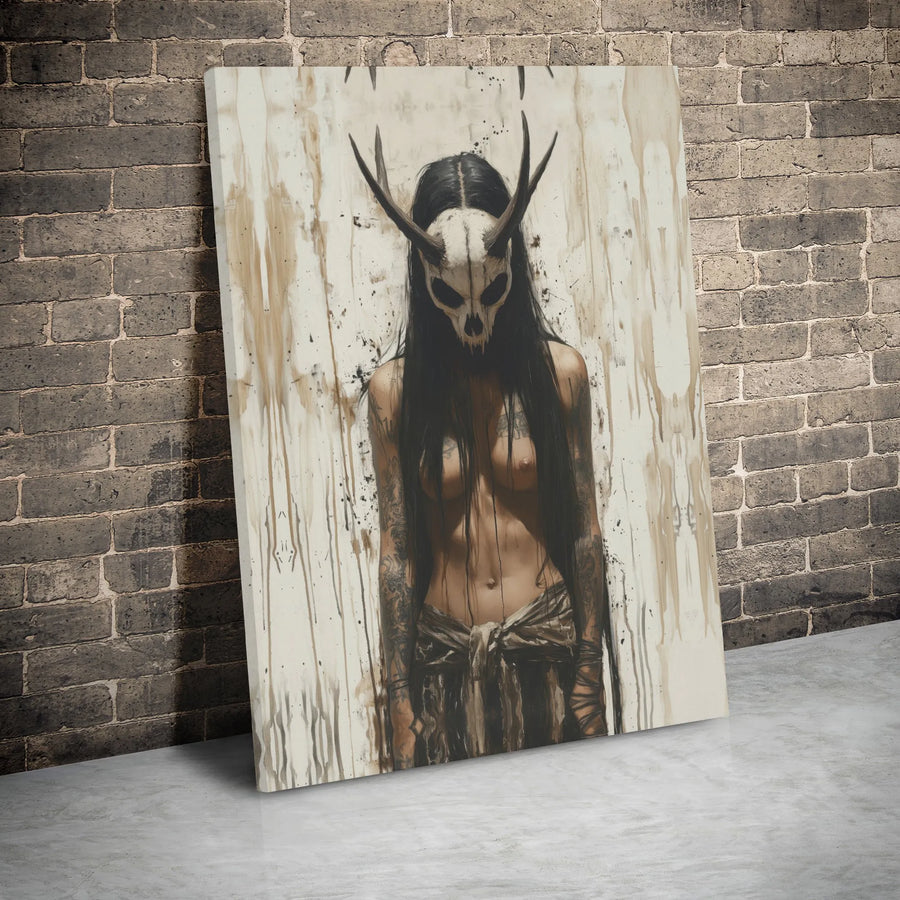 Gothic Skull Mask Canvas Art | Dark Surreal Tattooed Woman Portrait | 1.25-Inch Gallery Wrap Print | Edgy Home & Office Decor Gift
