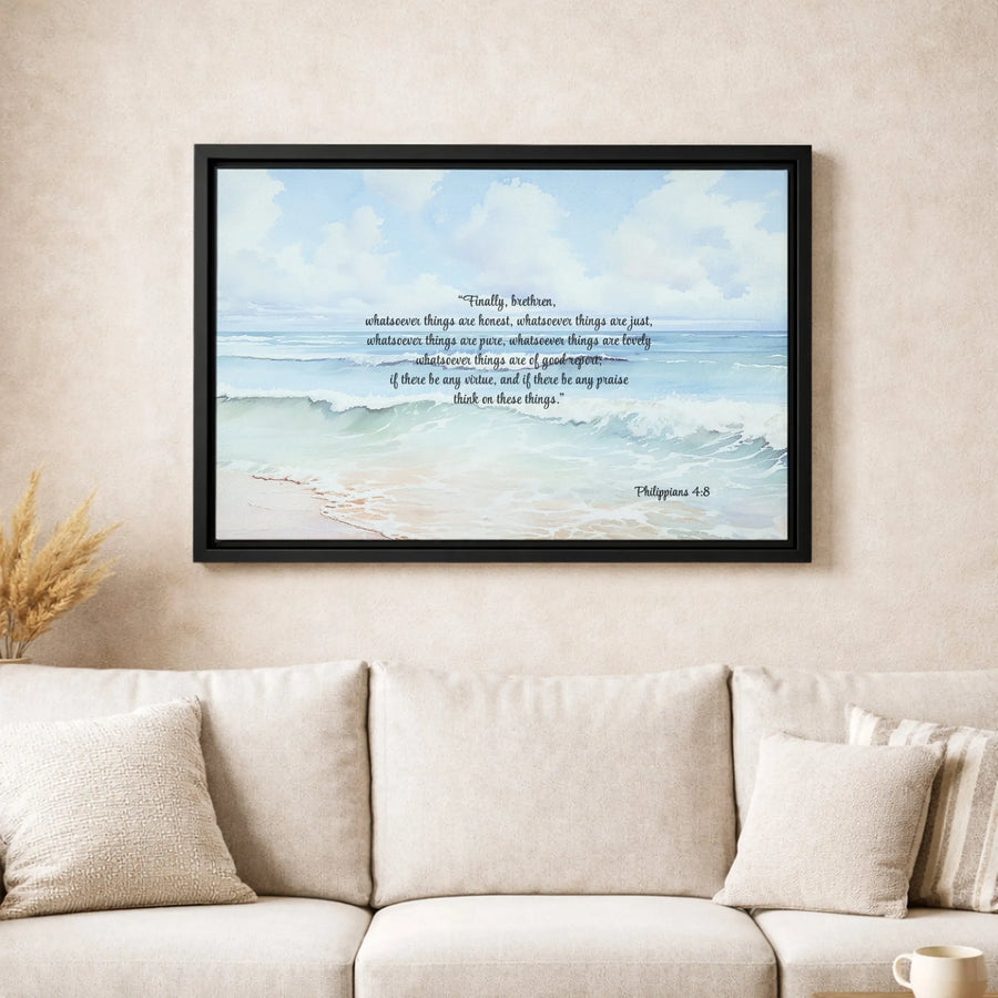 Philippians 4:8 Canvas Wall Art | Watercolor Ocean Scripture Print | Gallery-Wrapped Premium Decor | Christian Gift for Home & Office