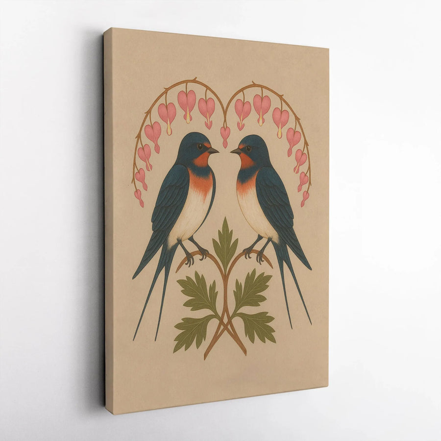 Barn Swallow Bird Wall Art | Botanical Bleeding Heart Floral Print | Premium Gallery Canvas | Nature Lover Home Decor Gift