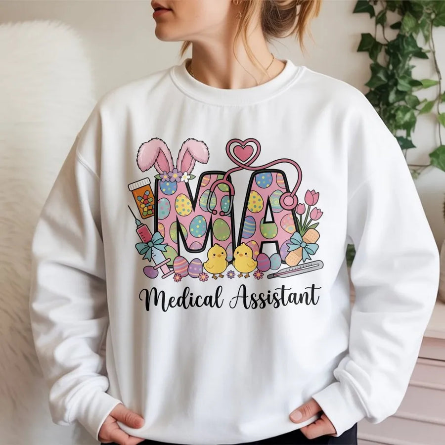 Medical Assistant Easter Sweatshirt | Bunny Ears Healthcare Design | Premium Cotton Blend | Gift for Nurses and Medical Staff