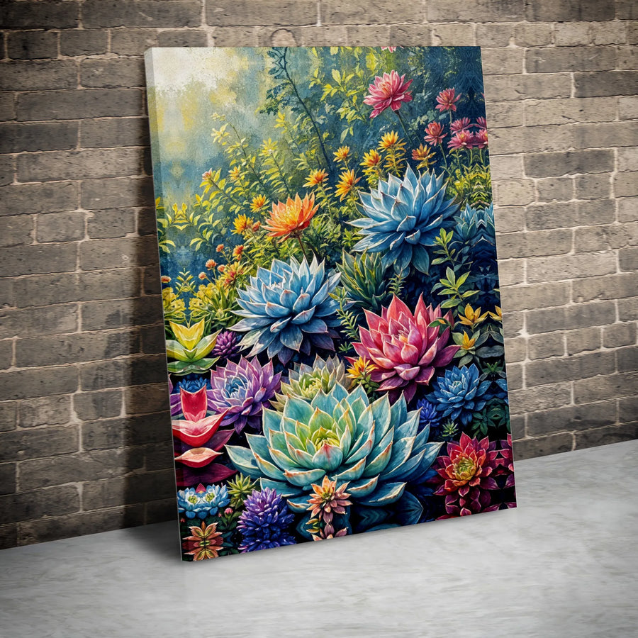 Vibrant Succulent Garden Canvas Wall Art | Colorful Botanical Painting | Premium Gallery Wrapped Canvas | Modern Home Decor Gift for Plant Lover