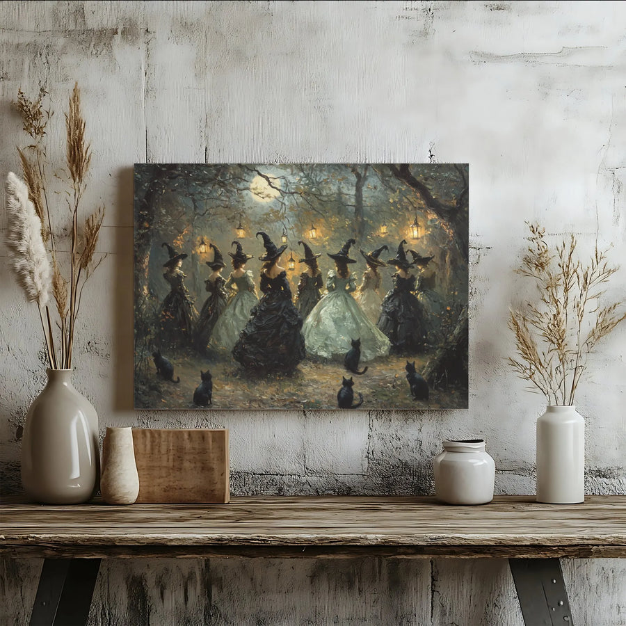 Witch Coven Canvas Art | Vintage Moonlit Forest With Black Cats | Premium 1.25" Gallery Wrap | Gothic Halloween Home Decor Gift