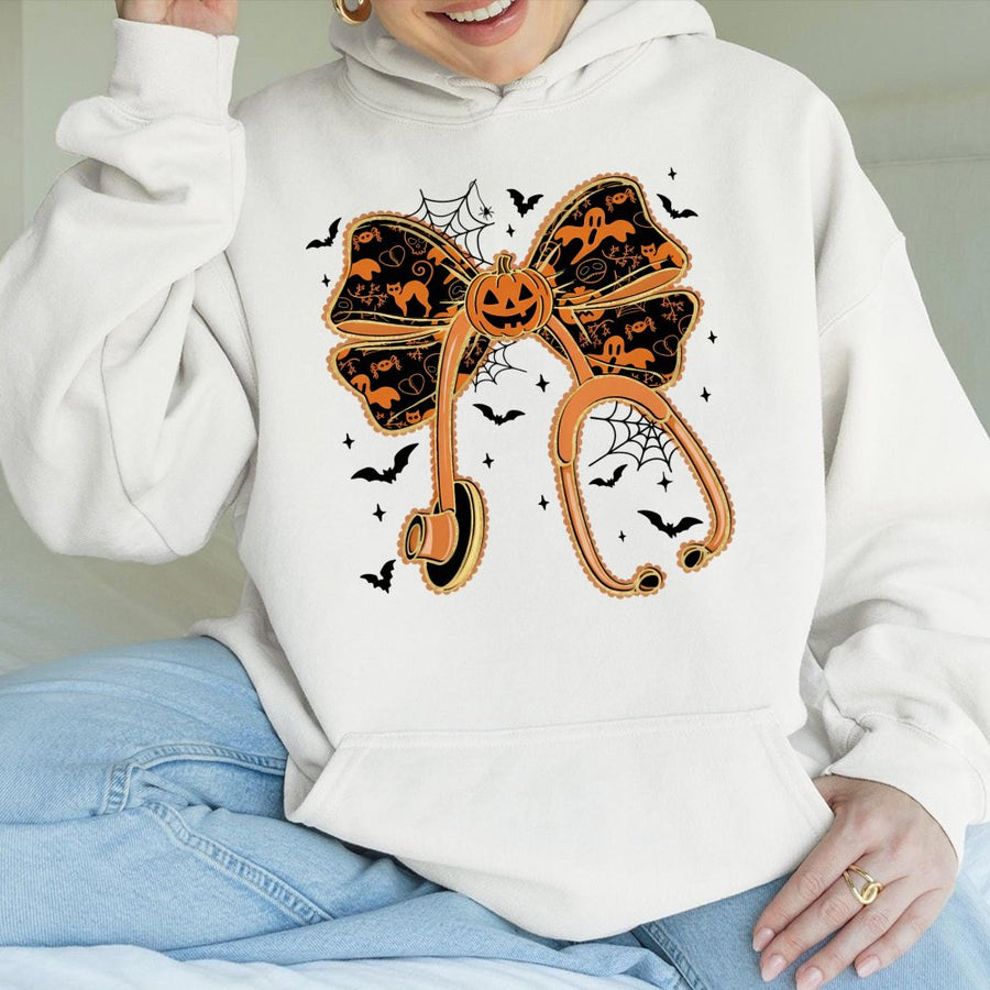 Halloween Nurse Hoodie | Pumpkin Bow Stethoscope Graphic | Premium Cotton Blend | Spooky Gift for Doctors and Nurses