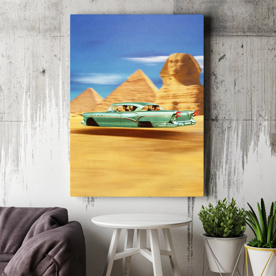 Vintage Flying Car Canvas | Retro Surreal Egypt Landscape Art | Premium Fade-Resistant Print | Unique Surrealist Wall Decor Gift