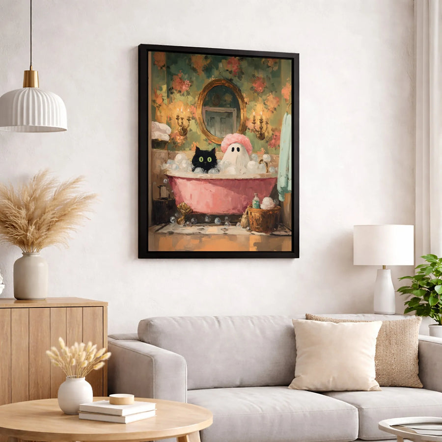 Black Cat and Ghost in Bathtub Canvas | Whimsical Bathroom Wall Art | Premium Fade-Resistant Print | Cute Spooky Home Decor Gift