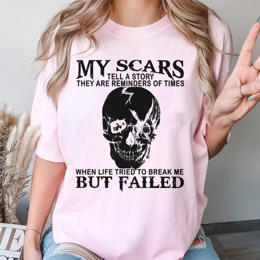 My Scars Tell A Story T-Shirt | Skull Graphic Resilience Quote | 100% Cotton Premium Tee | Inspirational Gift for Survivors