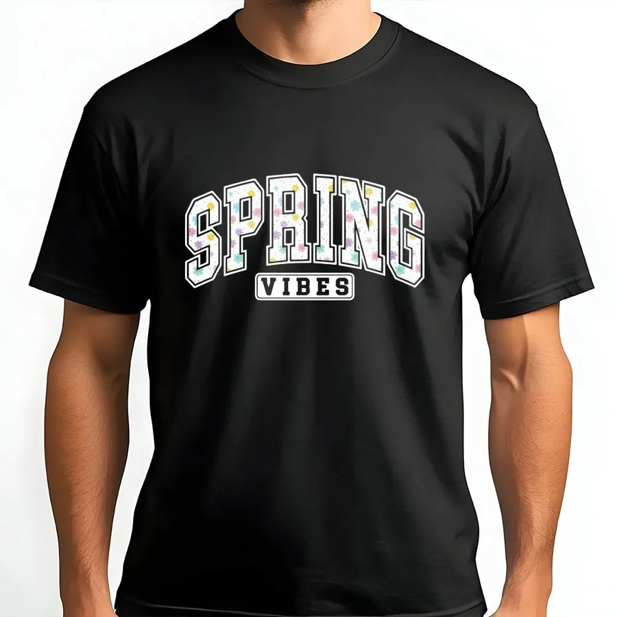 Spring Vibes Floral T-Shirt | Retro Collegiate Lettering | 100% Cotton Premium Tee | Cute Easter Outfit Gift for Women
