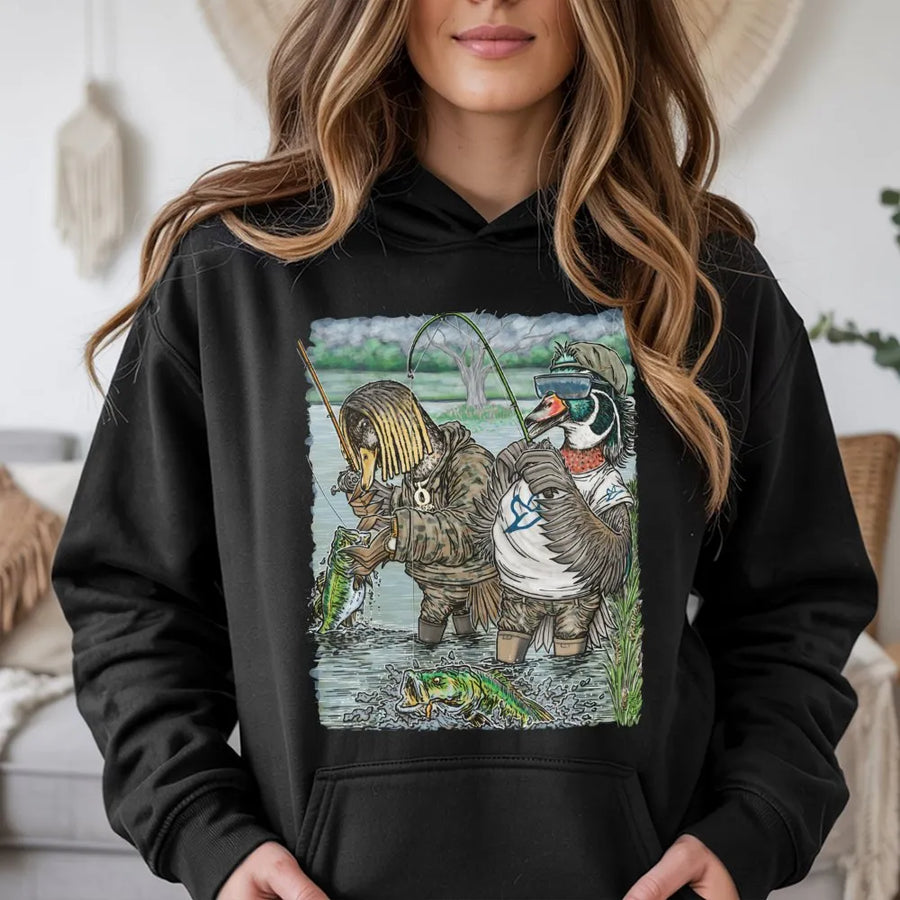 Fishing Hoodie | Funny Duck Angler Graphic Design | Premium Cotton Blend | Gift for Bass Fishermen and Outdoor Enthusiasts