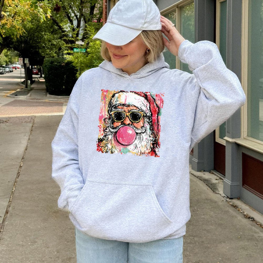 Santa Claus Hoodie | Cool Bubble Gum Graphic Print | Premium Cotton Blend | Funny Retro Christmas Sweatshirt Gift for Men and Women