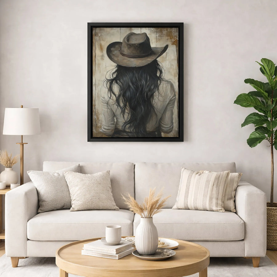 Rustic Cowgirl Canvas Wall Art | Western Portrait With Cowboy Hat | Gallery Quality Premium Print | Home Decor Gift for Cowgirl Lovers
