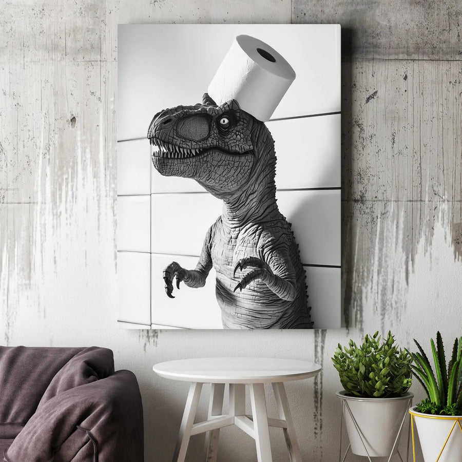 Funny T-Rex Canvas Wall Art | Dinosaur Wearing Toilet Paper Roll | Premium Black and White Gallery Print | Unique Bathroom Decor Gift