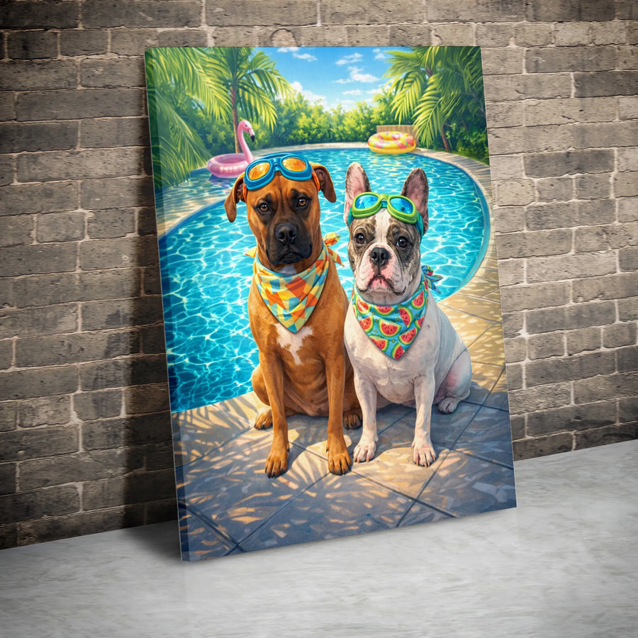 Funny Dogs Pool Party Canvas | French Bulldog & Boxer with Goggles | Thick Gallery Wrap Canvas | Premium Gift for Dog Lovers
