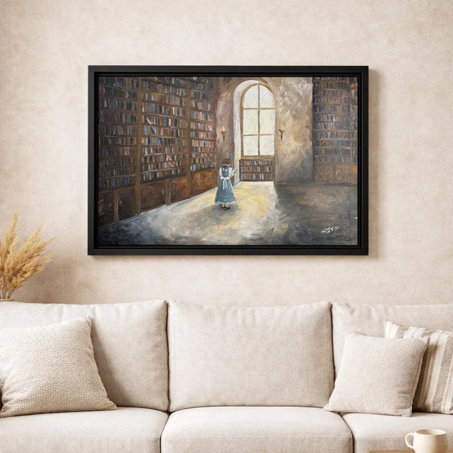Old Library Canvas Wall Art | Woman Reading in Sunlit Bookcase | Premium Gallery Wrapped Print | Academic Dark Academia Decor for Home Office