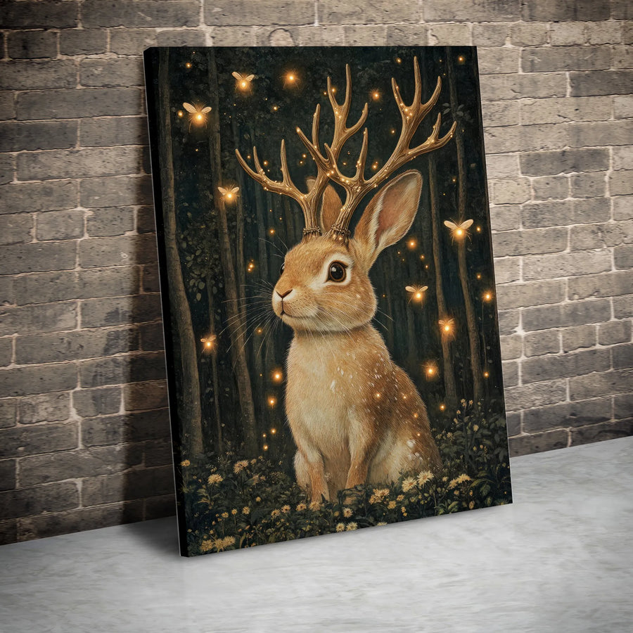 Whimsical Jackalope Wall Art | Enchanted Forest Rabbit With Antlers | Premium Gallery-Wrapped Canvas Print | Magical Nursery or Home Decor Gift