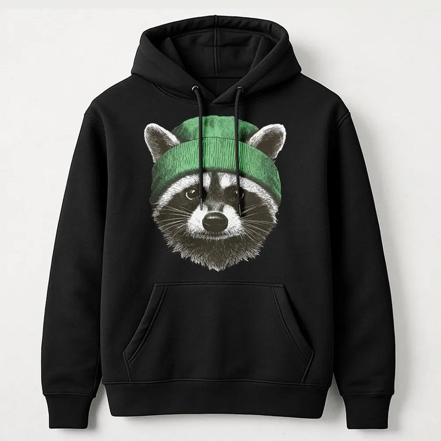 Raccoon Hoodie | Cute Animal Wearing Green Beanie Graphic | Premium Cotton Blend Streetwear | Unisex Funny Nature Lover Gift for Adults