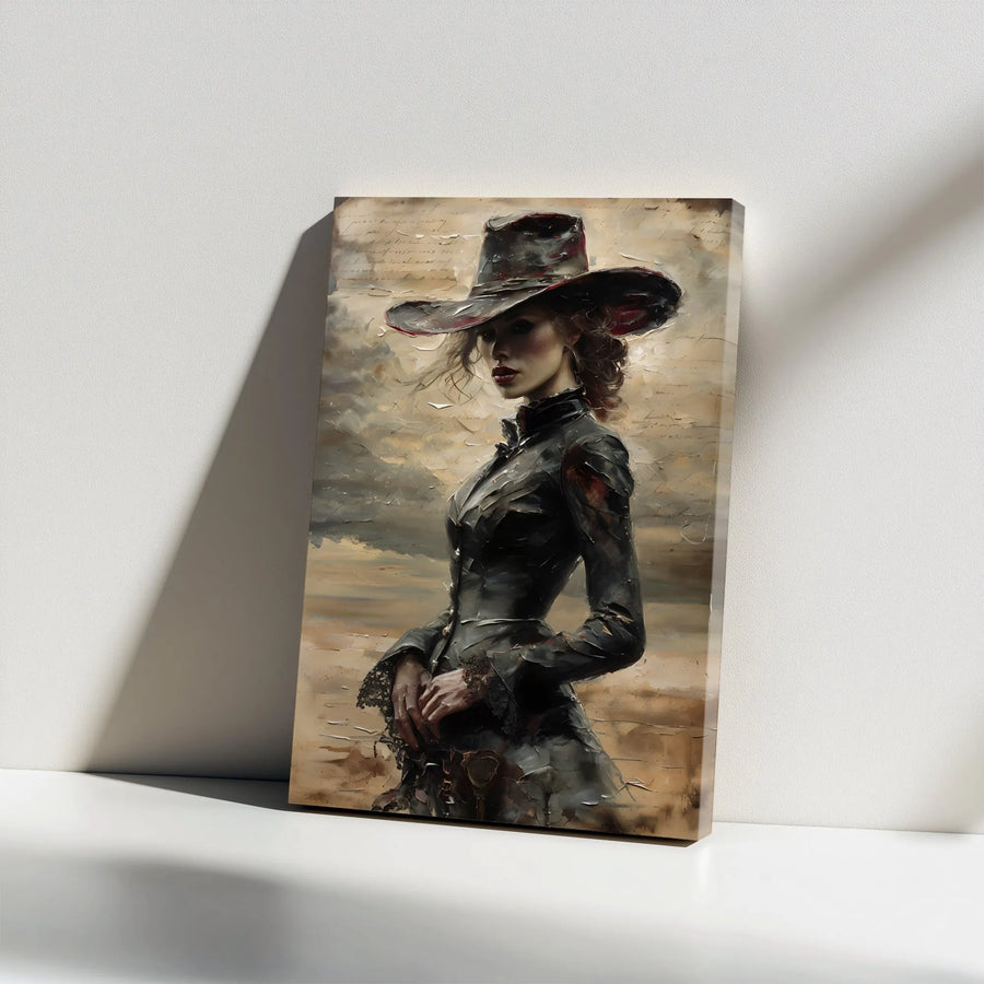 Gothic Cowgirl Canvas Wall Art | Moody Victorian Western Woman Oil Painting Style | Premium Gallery Wrap Decor | Unique Gift for Western Lovers