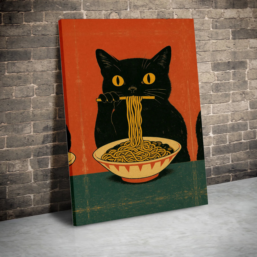 Black Cat Ramen Wall Art | Vintage Japanese Style Cat Illustration | Premium Gallery Wrapped Canvas | Quirky Kitchen Decor Gift for Cat Lovers