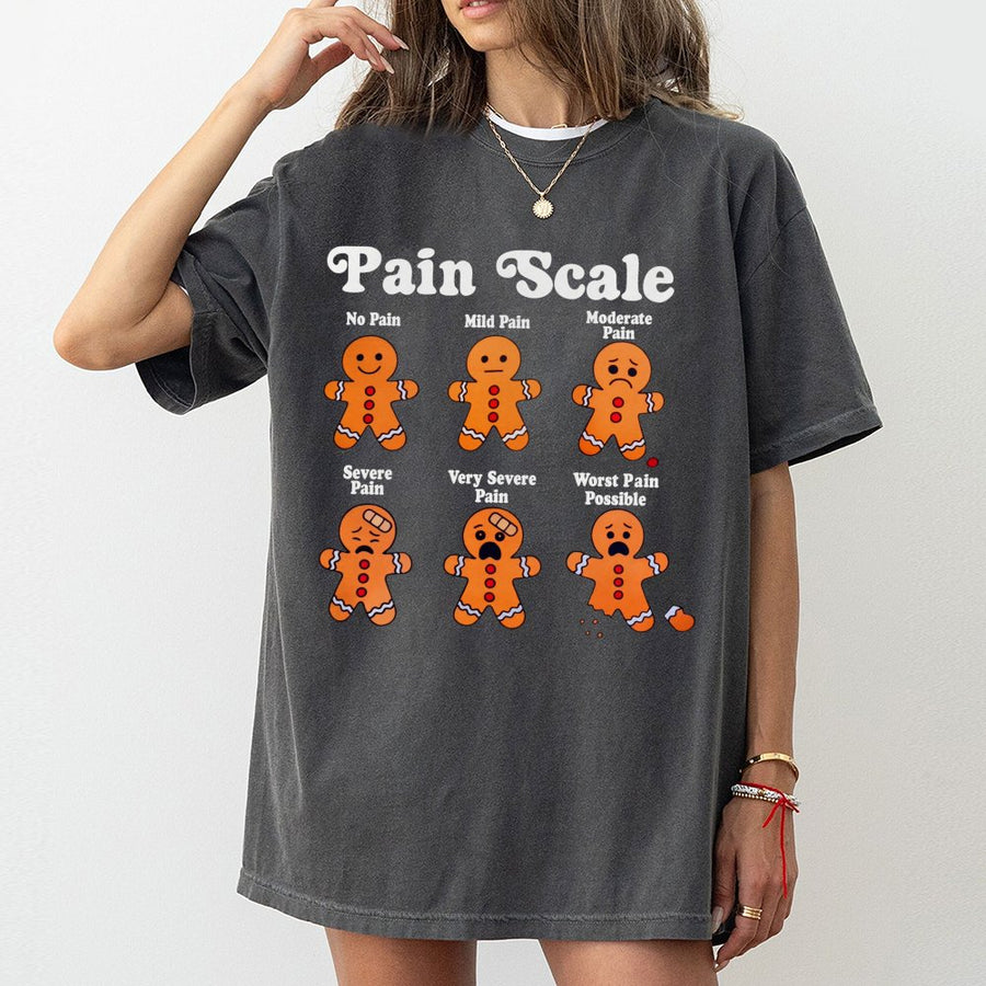 Gingerbread Man Pain Scale T-Shirt | Funny Christmas Nurse Gift | 100% Cotton Premium Tee | Holiday Apparel For Nurses & Medical Students