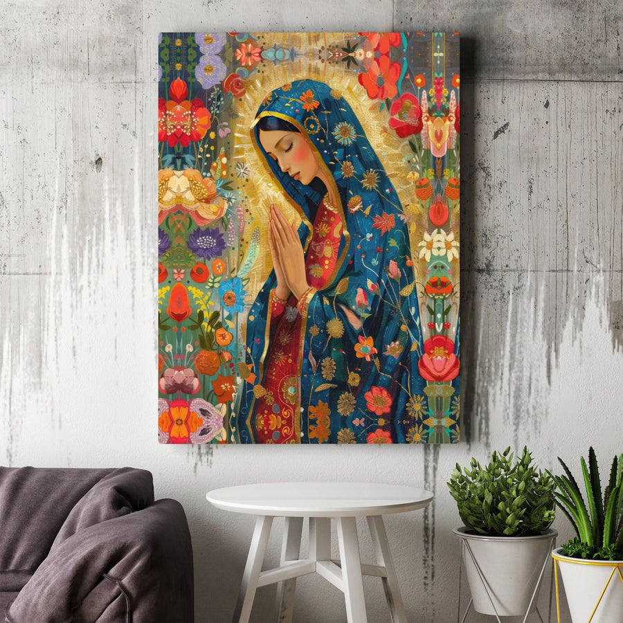 Virgin Mary Canvas Wall Art | Colorful Folk Art Floral Print | 1.25 Inch Gallery Wrap | Religious Home Decor Gift