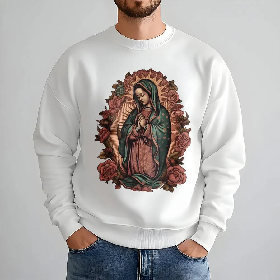 Virgen De Guadalupe Sweatshirt | Retro Floral Catholic Virgin Mary Graphic | Premium Cotton Blend Crewneck | Religious Gift For Women Men