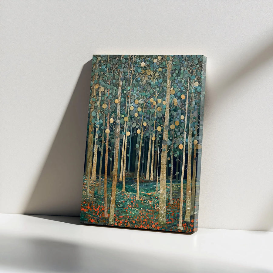 Mosaic Forest Canvas Wall Art | Golden Leaf Woodland Tree Print | Premium Gallery Wrap Decor | Nature Lover Living Room Gift