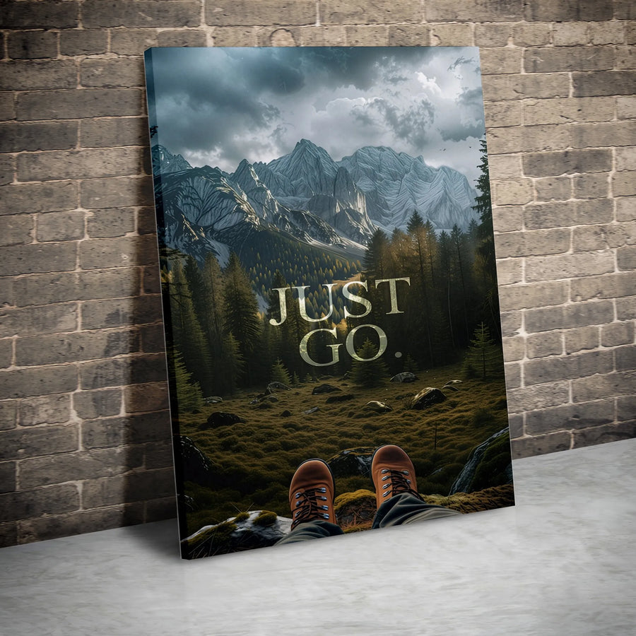 Just Go Motivational Canvas Wall Art | Mountain Forest Landscape Print | Premium Thick Gallery Wrap Canvas | Inspirational Gift for Hiker