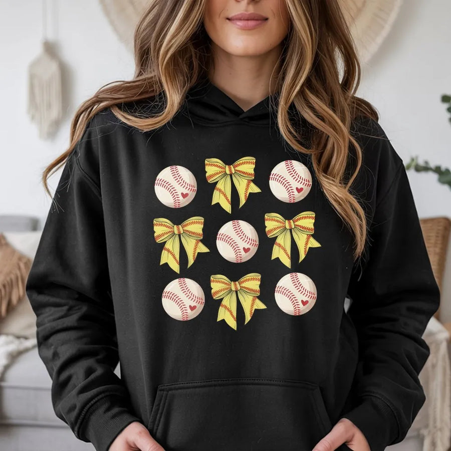 Softball Bow Hoodie | Cute Yellow Ribbon Baseball Graphic | Premium Cotton Blend Sweatshirt | Softball Mom Gift for Baseball Season