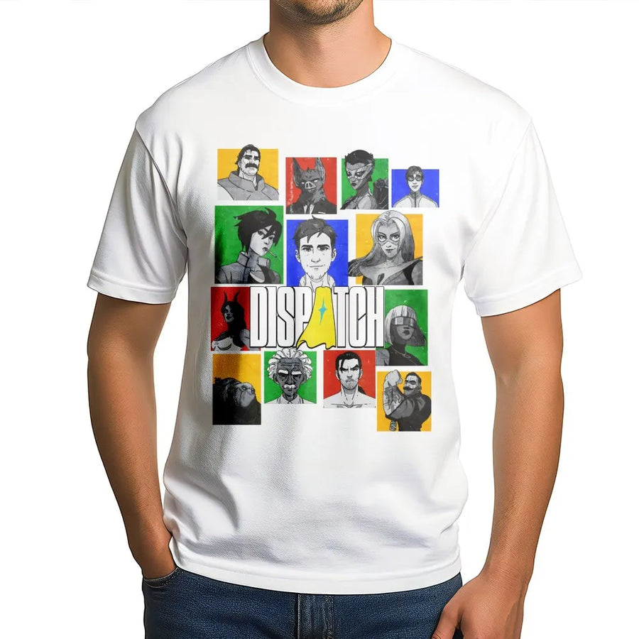 Dispatch Superhero Grid T-Shirt | Retro Anime Character Graphic Print | Premium 100% Cotton Apparel | Gaming Fan Gift for Men and Women