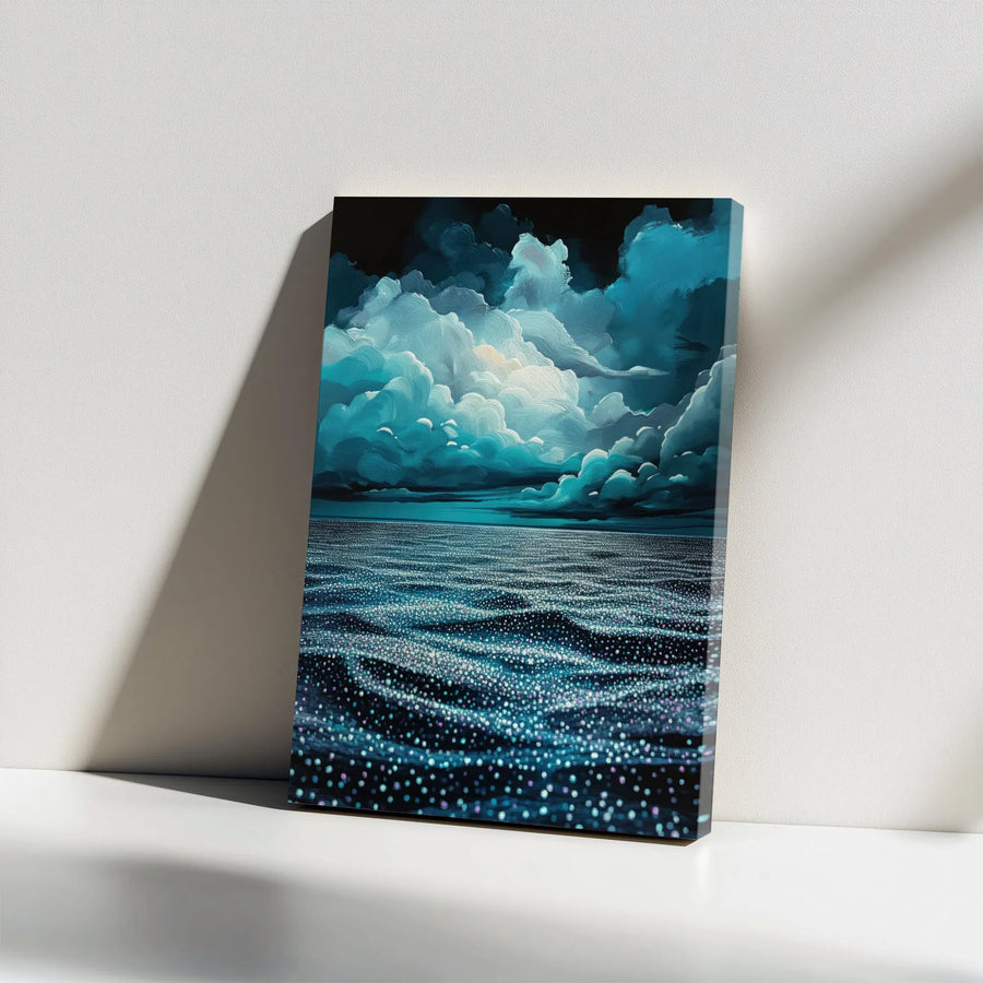 Bioluminescent Ocean Canvas Wall Art | Moody Night Sea Waves Print | Premium Gallery Wrapped Decor | Coastal Bedroom Office Gift