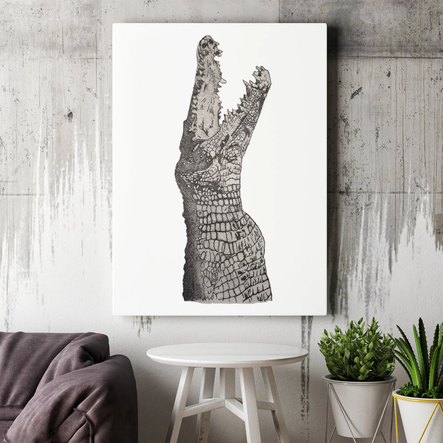 Alligator Wall Art Canvas | Stippled Crocodile Head Illustration | Premium Gallery Wrapped Decor | Modern Wildlife Home Office Gift
